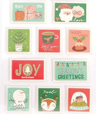Image de 10 autocollants timbres de Noël avec effet paillettes 3d