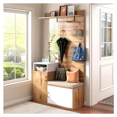 Produktbild von Garderoben-Set in Holzfarbe mit Spiegel, Schuhschrank, Wandgarderobe, Sitzbank und Kleiderhaken (Weiß)