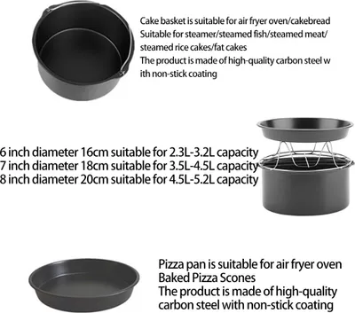 Imagen del producto de 10 unidades de accesorios para freidoras de aire de 16 cm (6 pulgadas), incluyendo una bandeja para pizza y otros utensilios de cocina, aptos para freidoras de 3,7 a 5,8 litros
