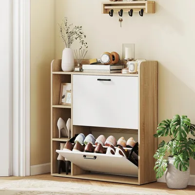 Image de Armoire à chaussures - Meuble d'entrée étroit - 2 portes - 3 étagères latérales - Étagères réglables - Pour 15 paires - 83x24x90,5 cm - Noir