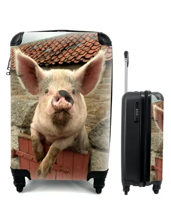 Produktbild von MuchoWow® Koffer Handgepäck Trolley Rollkoffer Kleine Reisekoffer mit 4 Rollen - Schwein - Rosa - Tier - Cabin Size < 55x40x23 cm & 55x40x20 cm - Fotokoffer - Kabinenkoffer - Boardgepäck - Reise-Box - Reisekoffer - Reisegepäck - Koffer mit Bild - Trolley für Kinder