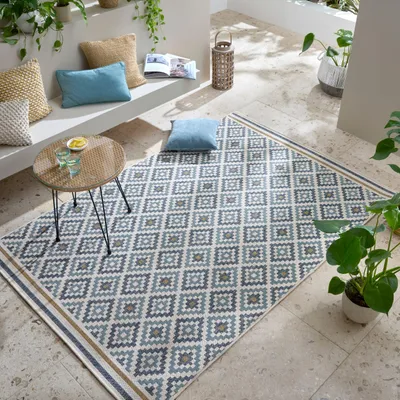 Outdoor Teppich Rauten Muster - Geometrisch - Balkon schmutzabweisend_Blau-Gelb_Rechteckig_#sku_SAF503119377456-SAF503119377457-SAF503119377458#