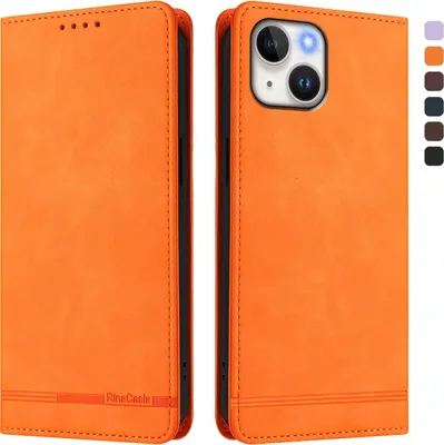 Produktbild von Hülle für iPhone 15, Retro Kunstleder Ständer Klapphülle mit Kartenfächer und Magnetische Orange