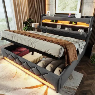 Image de Lit moderne rembourré avec espace de rangement et hydraulique, tête de lit avec USB & type C, éclairage LED 360°, lit en lin gris, 140x200 cm