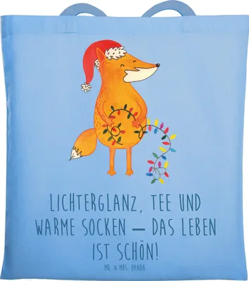Produktbild von Mr. & Mrs. Panda Jutebeutel Fuchs Weihnachten - Sky Blue - Geschenk, Laptoptasche, Weihnachtsmann, Einkaufstasche, Nikolaus, Winter, Füchse, Heiligabend, Tragetasche