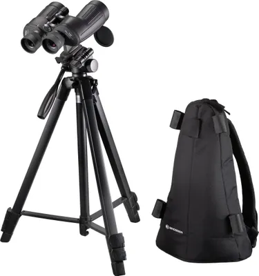 A pair of binoculars mounted on a tripod, with a carrying bag to the side, on a white background.