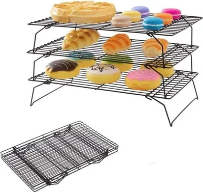 Produktbild von Zusammenklappbares 3-stöckiges Kühlgitter aus antihaftbeschichtetem Kohlenstoffstahl für Kuchen, Brot und Kekse, 40 x 25 x 7,5 cm/Etage