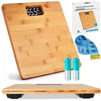 Productafbeelding van Elektronische bamboe personenweegschaal klassiek antislip tot 180 kg + meetlint 150 cm