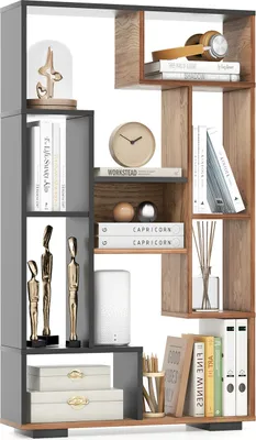 Produktbild von COSTWAY 120 cm hohes Bücherregal, modernes geometrisches Mehrzweckregal mit offenen Ablagen, freistehendes Präsentationsregal Schwarz + Natur