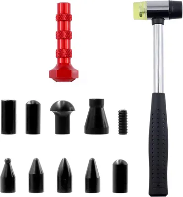 Imagen del producto de Juego de herramientas para alisar superficies, de 11 piezas, que incluye un martillo de goma y un punzón metálico, ideal para techos de automóviles