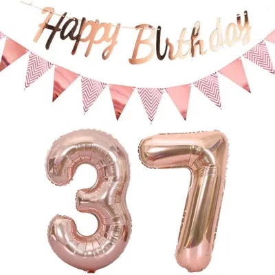Zdjęcie produktu dla Balony, dekoracje na 37. urodziny, różowe złoto, baner "Wszystkiego Najlepszego", girlanda z chorągiewek, balon w kształcie cyfry "40"