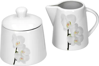 Produktbild von Van Well Vanda weiße Orchidee 2-tlg. Set Zuckerdose mit Deckel, Ø 95 mm + Milchkännchen, 220 ml, Blumendekor edles Marken-Porzellan