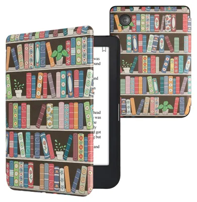 Produktbild von kwmobile Schutzhülle für Kobo Clara 2E / Tolino Shine 4 Hülle - eReader Flip Case mit Auto Sleep Funktion - Bücherregal mit Pflanzen mit Blau Grün
