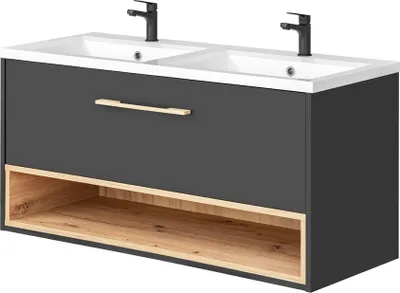 Produktbild von Waschtisch mit Doppelwaschbecken BOLOGNA-56 in anthrazit mit Artisan Eiche Nb., B/H/T: ca. 121/61/46 cm