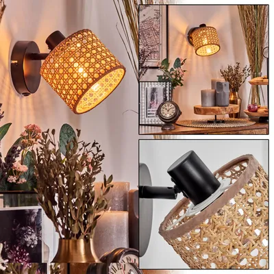 Produktbild von Varoni verstellbare Wandlampe aus Metall/Rattan in Schwarz/Natur