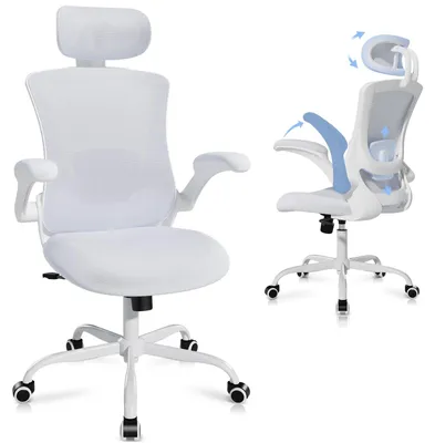 Produktbild von COLAMY Bürostuhl – Ergonomischer Bürostuhl mit Kopfstütze, Lendenwirbelstütze, klappbaren Armlehnen und 140° Wippfunktion, weiss