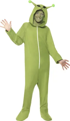 A child wearing a green alien costume with antennae on a white background.