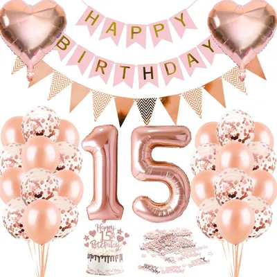 Produktbild von Geburtstagsdekoration 15 Jahre, Roségold, Zahlenballon und Banner, Partydeko