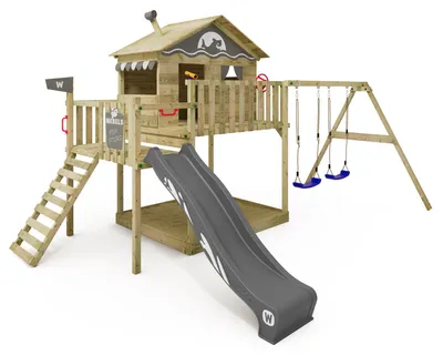 Image de WICKEY Tour de jeux Smart Coast avec balançoire & toboggan, maison sur pilotis avec bac à sable, échelle d'escalade & accessoires de jeu - anthracite