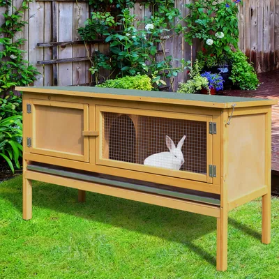 Produktbild von SUGIFT Hasenstall aufklappbar Ausziehschale, Kaninchenstall erhöht mit Bitumendach, Tannenholz massiv, Gelb | 11 kg | 2 Türen | 115x44,3x65 cm