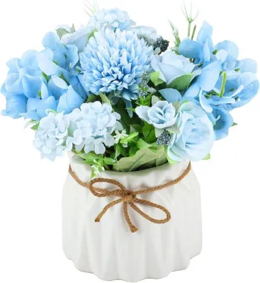 Immagine prodotto di Set di rose in plastica in vaso blu – Fiori artificiali decorativi per soggiorno, ufficio, camera da letto e matrimoni