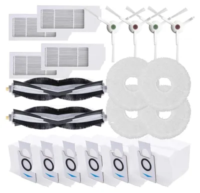A collection of robot vacuum cleaner accessories laid out on a white background.