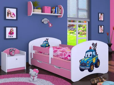 Produktbild von Happy Babies Kinderbett - mit Rausfallschutz Junge 140x70 Mädchen, Bett für Kinderzimmer mit Schublade & Matratze Einzelbett für Kinder Kinder Hundemotiv, süße Bilder (Rose) (Nr 1)