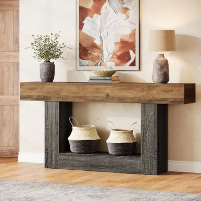 Image de Table console 160 cm, 2 niveaux, style rustique, en bois, couleur marron et gris
