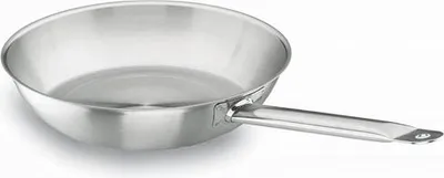 A stainless steel frying pan is shown from a slightly elevated side angle against a white background.