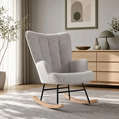 Produktbild von Schaukelstuhl, Stillsessel Schaukelsessel, Teddystoff Gepolsterter Schwingsessel Lesesessel Relaxstuhl Sessel mit Holzkufen, Armlehne, für Wohnzimmer, Schlafzimmer, Babyzimmer
