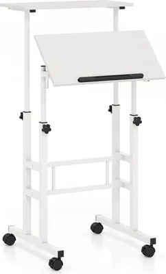 A white adjustable standing desk with wheels.
