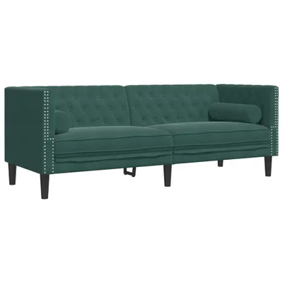 Zdjęcie produktu dla Sofa Chesterfield z wałkami, 3-osobowa, ciemnozielona, aksamit