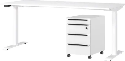Produktbild von Schreibtisch und Schubladenschrank mit Schloss Hermoso | 237x80x72-118cm | elektrisch verstellbar | weiß