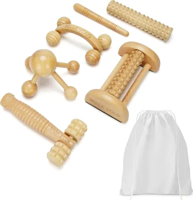 Produktbild von Belle Vous 6-in-1 Massage Set mit Holz-Massagegeräten & Baumwolltasche - Anti Cellulite Massagegerät - Professionelles Maderotherapie Set für