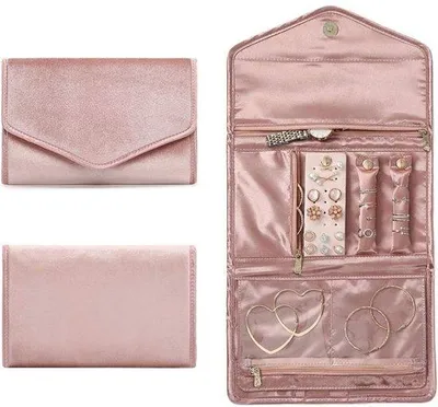 Produktbild von Famanu Schmuckrolle, Reise Schmuck Organizer, Faltbare Schmucktasche für Ketten, Ohrringe, Armbänder, Uhren, Broschen (Velvet-Rosa)