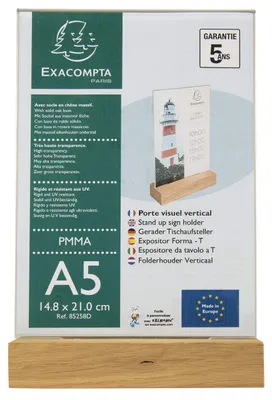 Produktbild von Exacompta 85258D Tischaufsteller mit Holzsockel DIN A5 Hochformat aus hochwertigem Acryl beidseitig verwendbar UV beständig Prospektschild Flyerhalter Tischschild Prospekthalter transparent