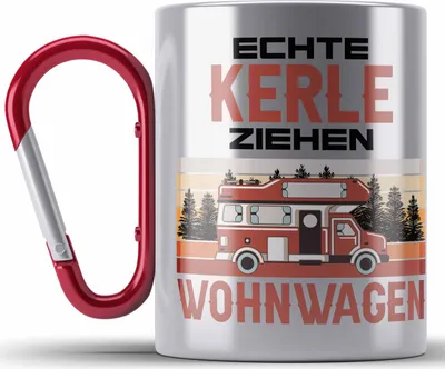 Produktbild von Trendation - Echte Kerle Ziehen Wohnwagen Camper Edelstahl Tasse Karabiner Geschenke Wohnmobil für Männer Campingwagen Geschenkidee Zubehör Camping Opa Oma Rentner Lustig (Rot)