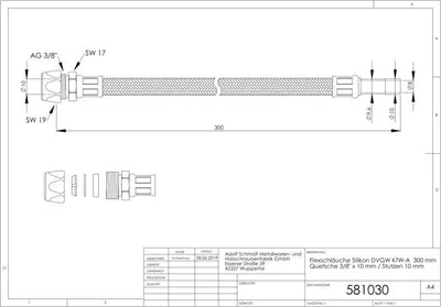 Produktbild von ASW Trinkwasserschlauch 300mm 581030 3/8" x 10mm Rohrstutzen, verchromt