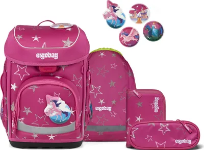 A set of school supplies including a backpack, a pencil case, and a pouch, all with a pink and star theme.