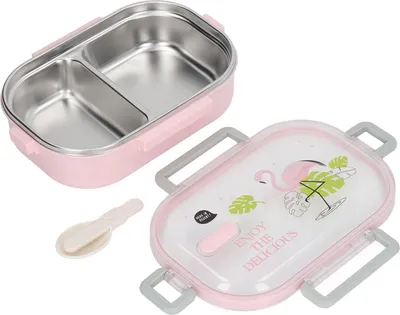 Productafbeelding van Lunchbox met compartimenten, bekleed met roestvrij staal (304), thermisch geïsoleerd, in een bento-stijl. Lekdichte container, geschikt voor studenten en kinderen. Transparant, roze, met een vogelmotief
