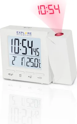 Produktbild von Explore Scientific RDP1001 Funkgesteuerter Digitalwecker mit 180°-Zeitprojektion, zwei Weckzeiten, Temperaturanzeige, LCD-Display, weiß