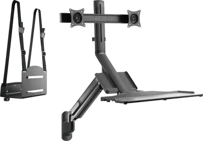 Produktbild von 3 in 1 Sitz-Steh-Arbeitsplatz: 2-Fach Monitorhalterung Wandhalterung mit Tastatur-Ablage und Computer-Halterung Wandhalterung 17-32" Zoll Gasfeder