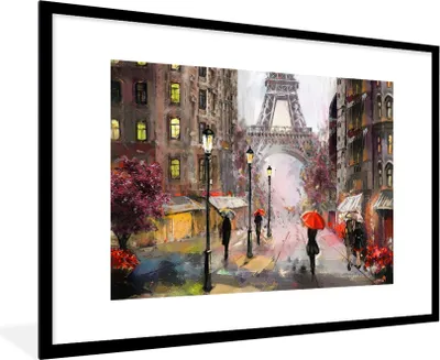 Produktbild von MuchoWow® Gerahmtes Poster Gemälde - Paris - Eiffelturm - Regenschirm - Ölgemälde 90x60 cm - Poster mit Schwarzem Bilderrahmen Wandposter Rahmen Foto Bilder - Wanddekoration - Fotos
