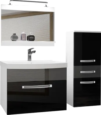 Produktbild von BELINI Badmöbel Vollausstattung Set Waschbeckenschrank, kleiner Schrank, Waschbecken, Spiegel, Lampe (Schwarz/ Silber, Glänzend)