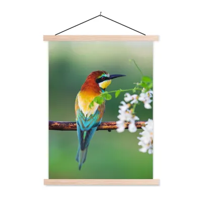 Produktbild von MuchoWow® Textilposter Vogel - Bienenfresser - Blumen 40x53 cm mit holzfarbenen Rahmen - Schlafzimmer
