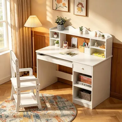 Imagen del producto de Juego de escritorio y silla para niños, de madera, con estantería