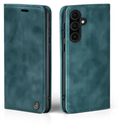 A teal-colored flip case for a smartphone is shown from two angles, open and closed.