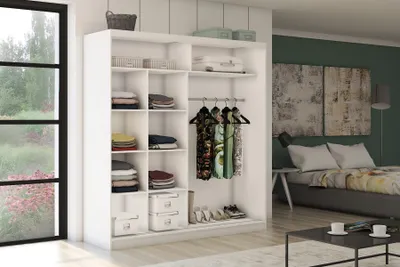Produktbild von ALTDECOR Kleiderschrank mit Spiegel und Schiebetüren, kugelgelagerte Führungsschienen und Aluminium-Leisten, LED-Beleuchtung mit Fernbedienung - PARTI - 200 cm - Weiß