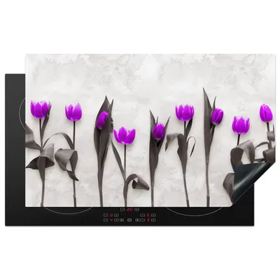 Produktbild von KitchenYeah© Herdabdeckplatte Blumen - Tulpen - Lila , 85x52cm, Küche Deko, Glaskeramikkochfeld Herdabdeckung, Abdeckplatte fùr Kochfeld