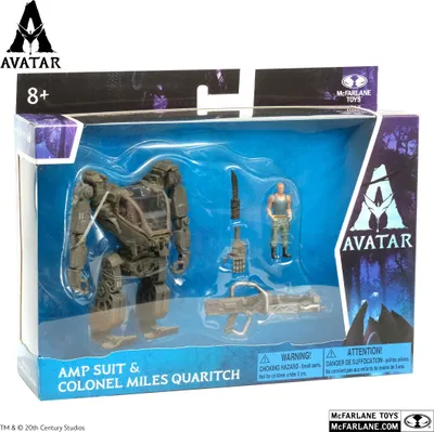 A toy action figure set in its packaging, featuring an AMP Suit and Colonel Miles Quaritch from Avatar.